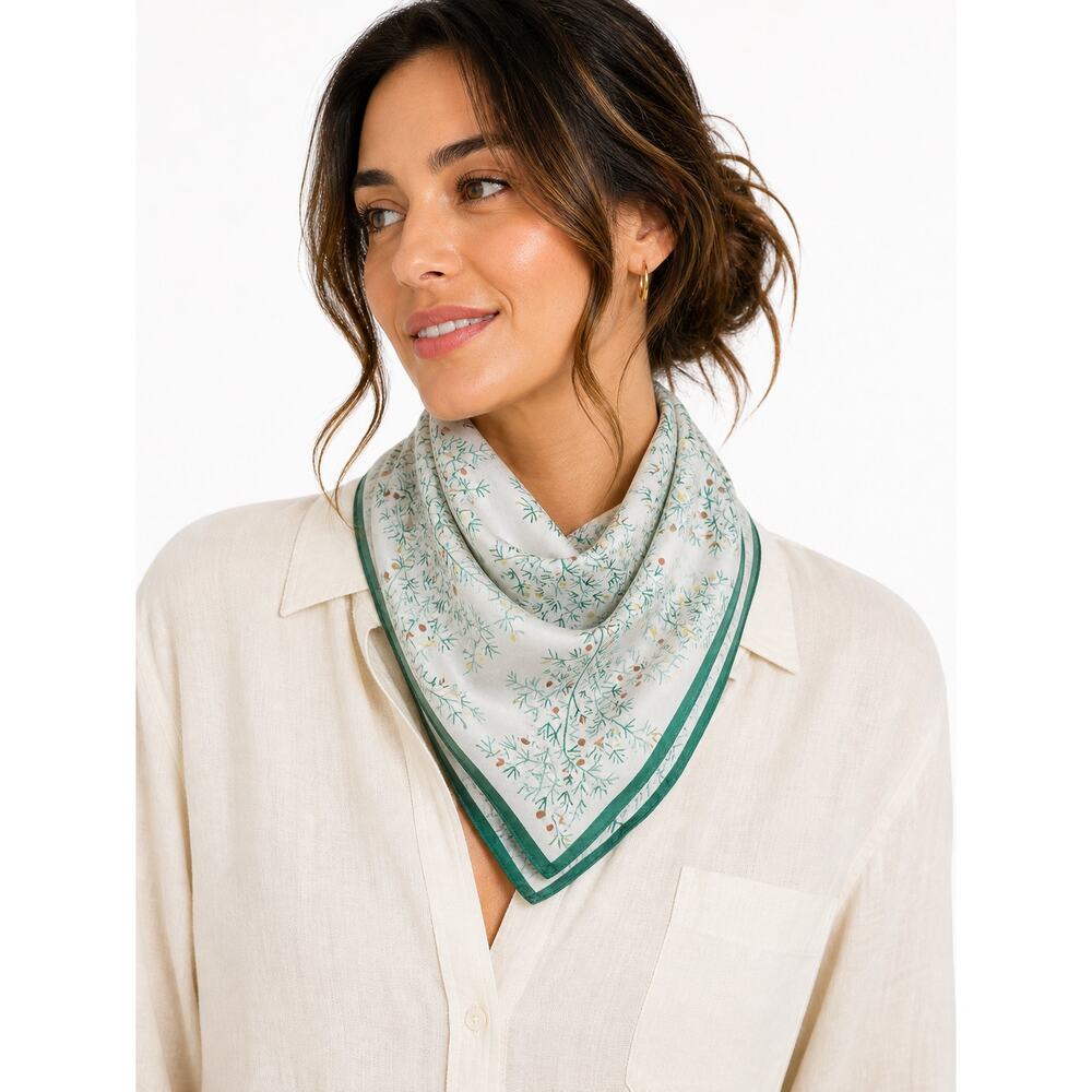 Happiness Pure Silk Scarf Hand Sewn Floral Green White Lightweight Square Scarf